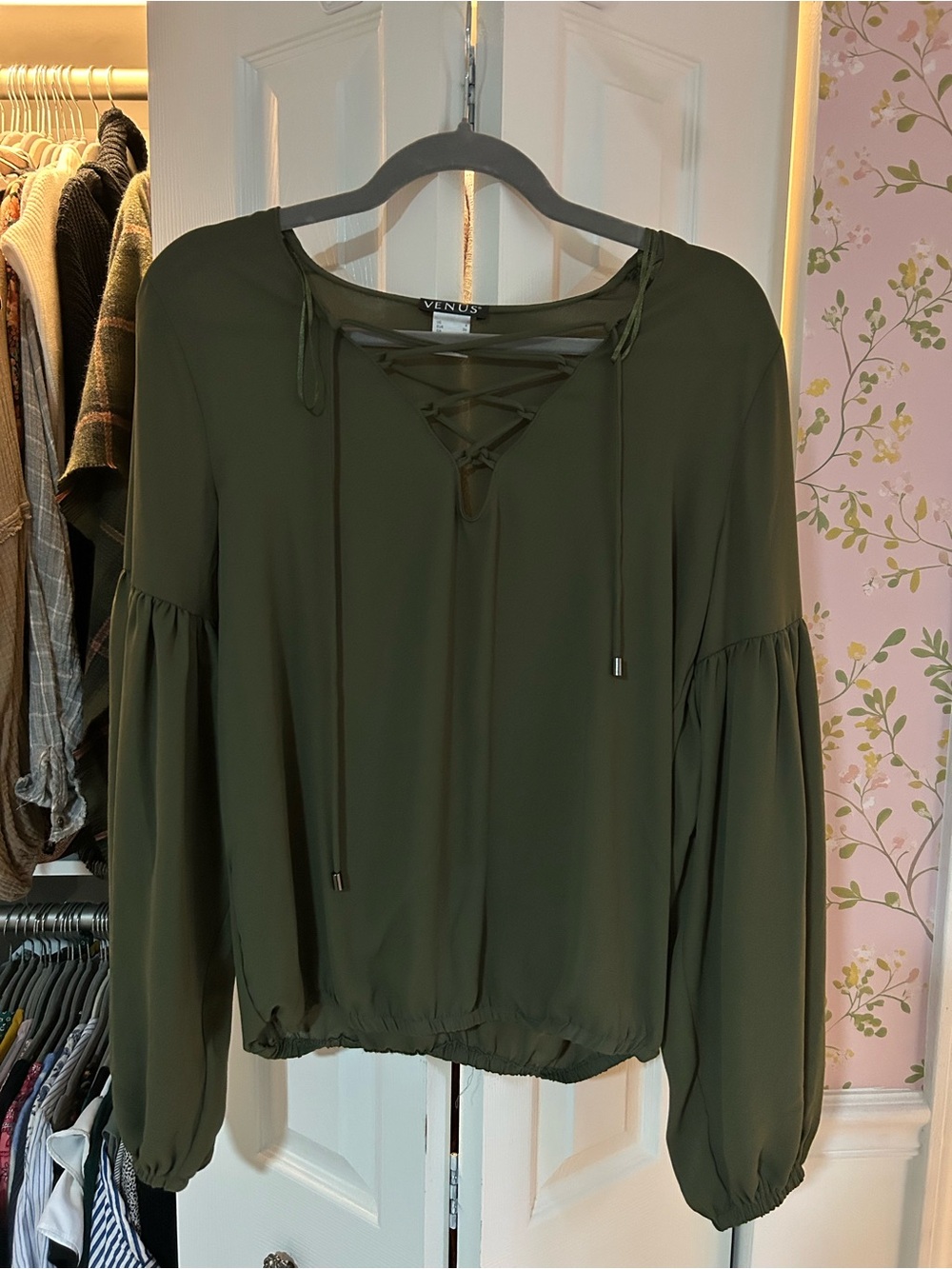 VENUS Olive Lace-Up Long Sleeve Blouse